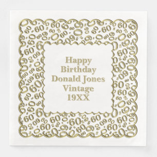60th Birthday Number Pattern Scallops Gold/White Paper Dinner Napkins