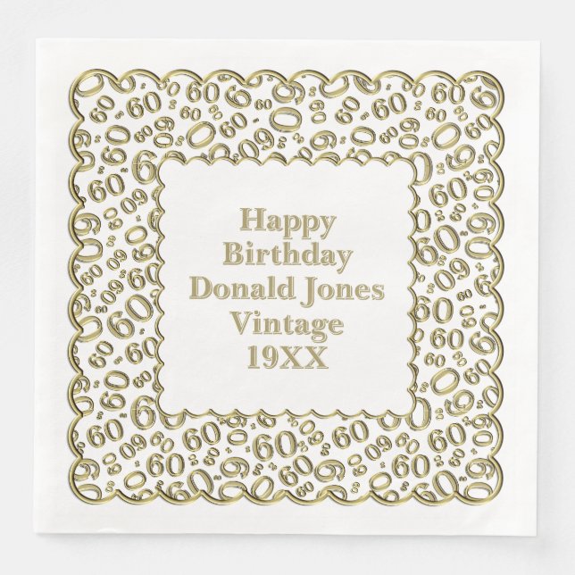 60th Birthday Number Pattern Scallops Gold/White Paper Dinner Napkins (Front)