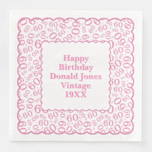 60th Birthday Number Pattern Scallops Pink/White Paper Dinner Napkins
