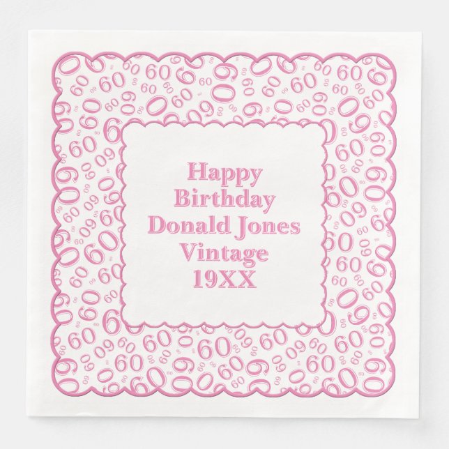 60th Birthday Number Pattern Scallops Pink/White Paper Dinner Napkins (Front)