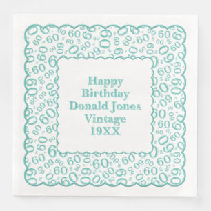 60th Birthday Number Pattern Scallops Teal/White Paper Dinner Napkins