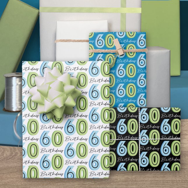 60th Birthday Numbers Green Blue Wrapping Paper Sheets (Creator Uploaded)