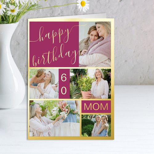 60th Birthday or Any Age 5 Photo Pink and Gold Foil Greeting Card