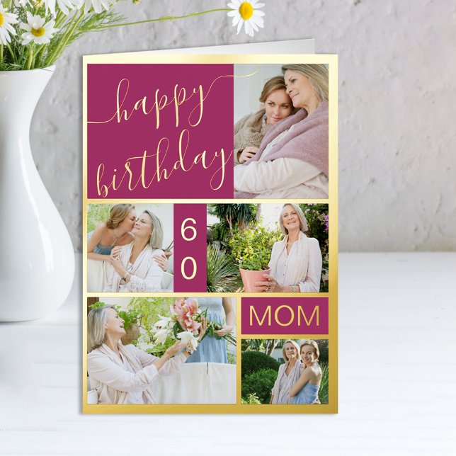 60th Birthday or Any Age 5 Photo Pink and Gold Foil Greeting Card (Creator Uploaded)