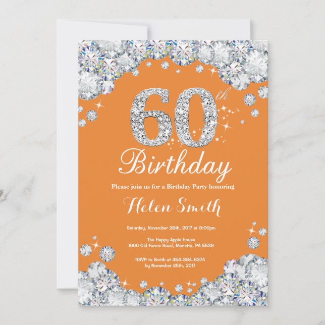 60th Birthday Orange and Silver Diamond Invitation (Front)