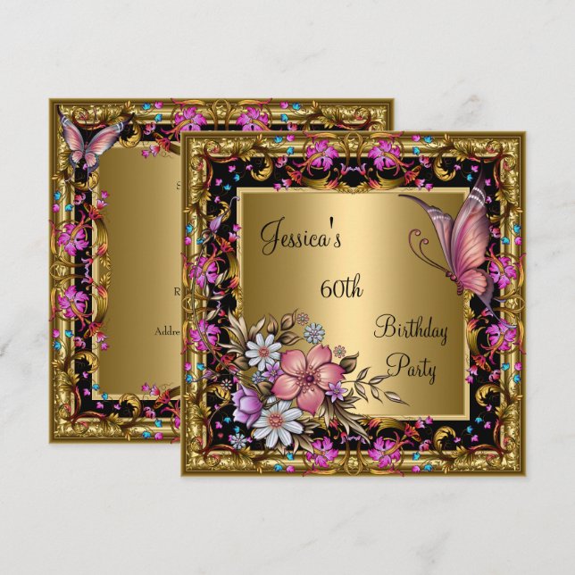 60th Birthday Ornate Pink Floral Butterfly Gold Invitation (Front/Back)