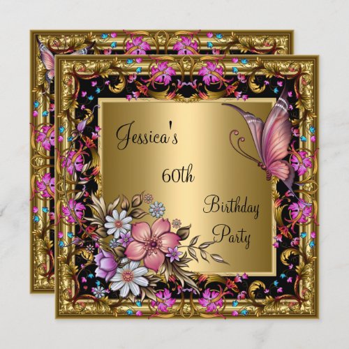 60th Birthday Ornate Pink Floral Butterfly Gold Invitation