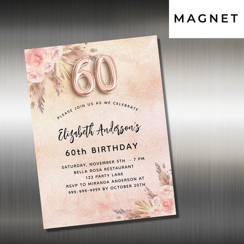 60th birthday pampas grass rose florals luxury magnetic invitation