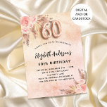 60th birthday pampas grass rose gold florals invitation<br><div class="desc">A rose gold,  blush pink rustic faux metallic looking background. Decorated with rose gold and pink florals,  roses,  pampas grass.  Personalize and add a name and party details. Number 60 is written with a balloon style font.</div>