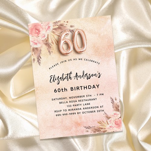 60th birthday pampas grass rose gold florals invitation postcard