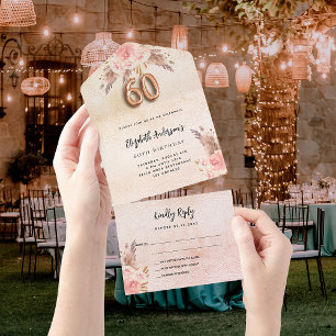 60th birthday pampas grass rose pink florals RSVP All In One Invitation