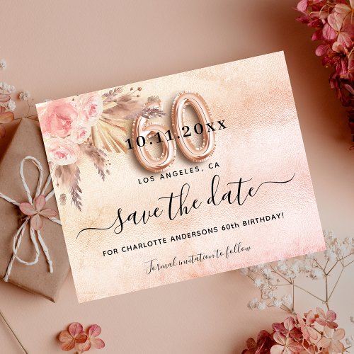 60th birthday pampas rose budget save the date flyer
