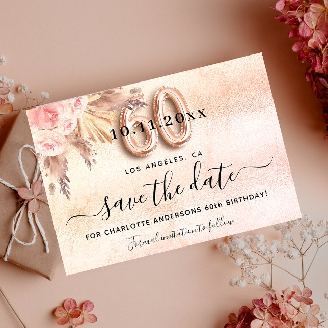 60th birthday pampas rose floral save the date announcement postcard (Creator Uploaded)
