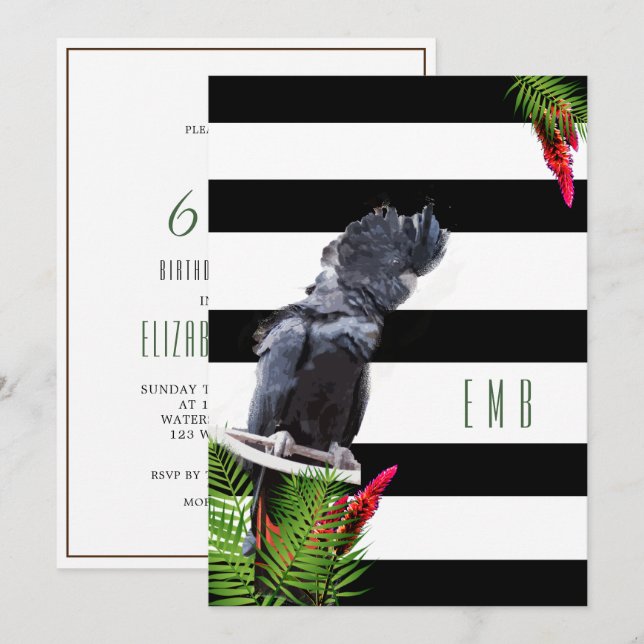 60th Birthday Parrot Black White Stripe Birthday Invitation (Front/Back)
