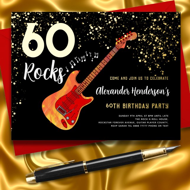 60th Birthday Party 60 Rocks Black Gold Foil Invitation Postcard (Rock and roll black & gold foil glitter 60th birthday party invitation postcard 60 Rocks fire guitar)