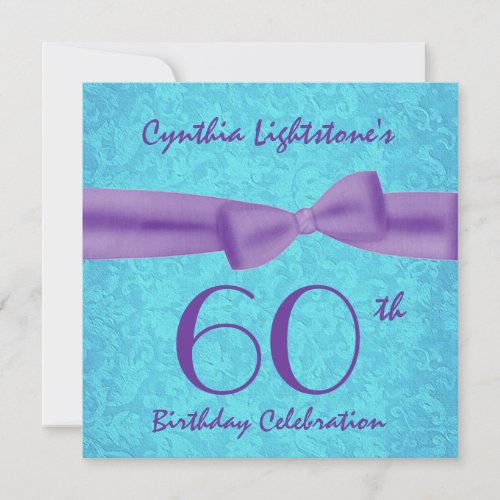 60th Birthday Party Aqua and Purple Bow M456 Personalized Announcements
