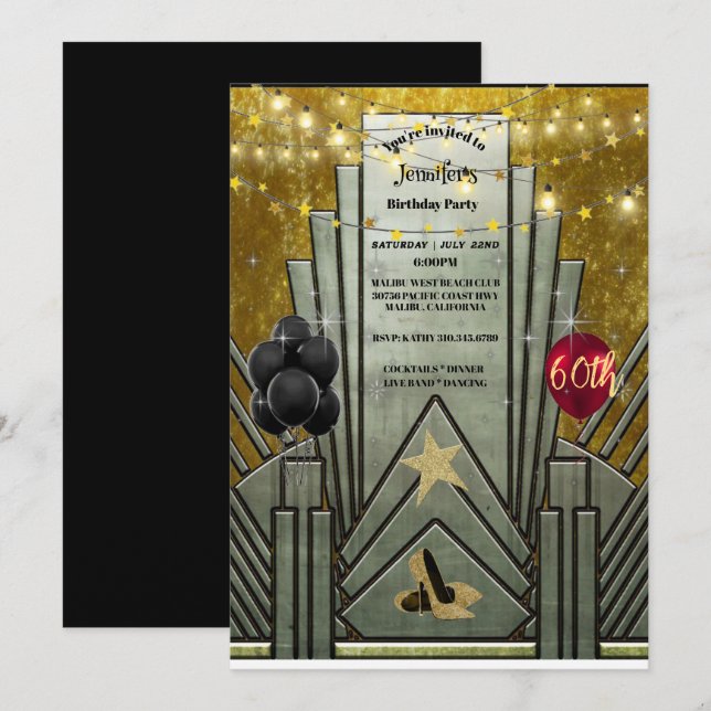 60th Birthday Party Art Deco Gatsby Theme Invitati Invitation (Front/Back)