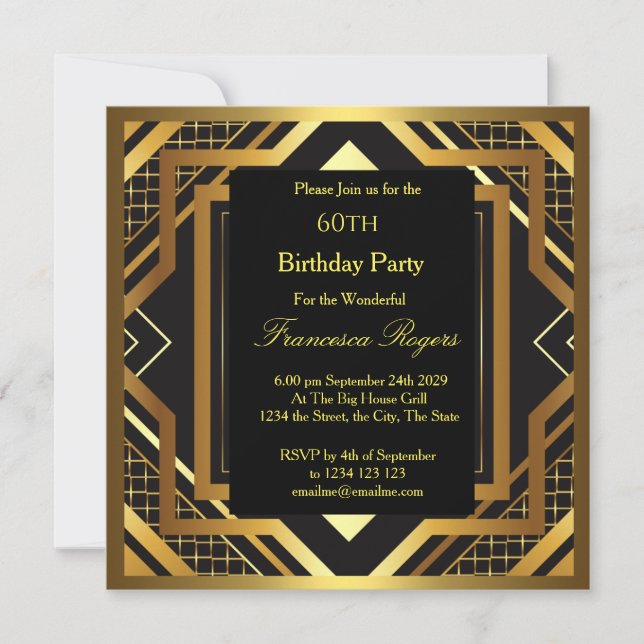 60th Birthday Party Art Deco Gold Black Invitation (Front)