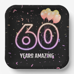 60th Birthday Party Balloons and Confetti Paper Plates