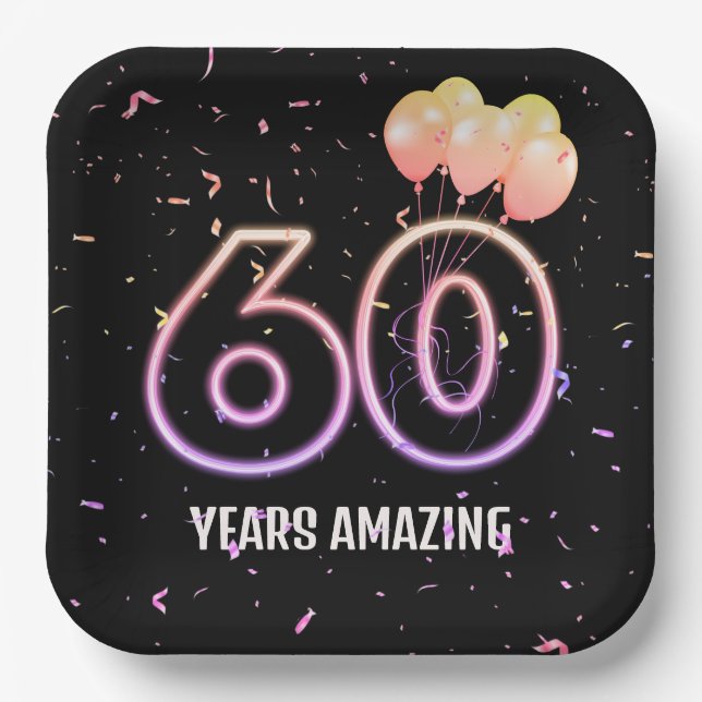 60th Birthday Party Balloons and Confetti Paper Plates (Front)