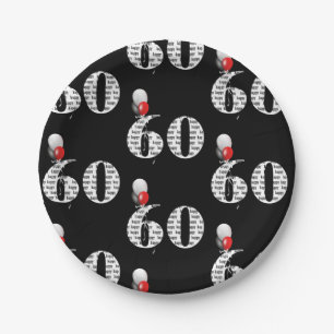 60th birthday party balloons on black paper plates