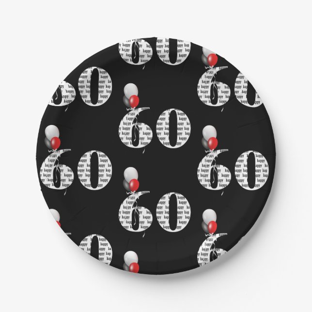 60th birthday party balloons on black paper plates (Front)