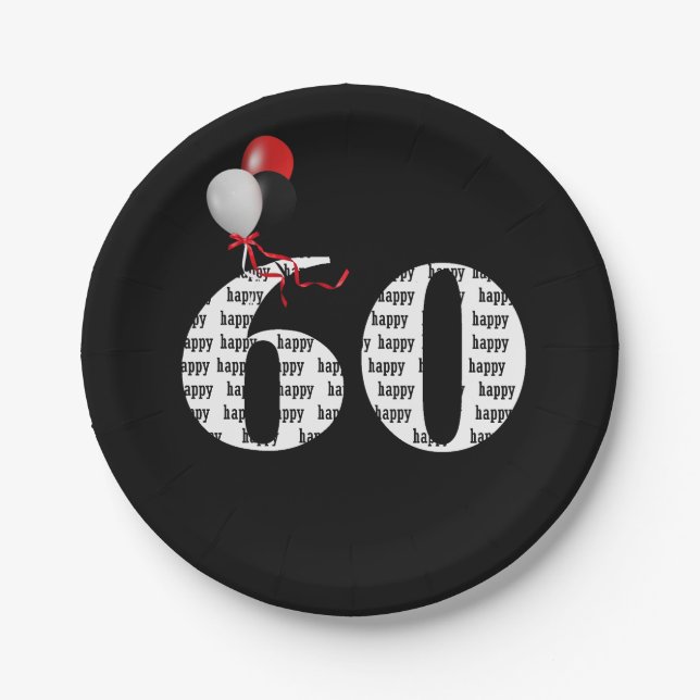 60th birthday party balloons paper plates (Front)
