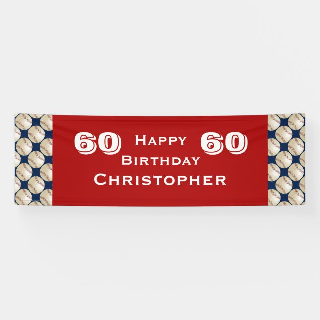 60th Birthday Party Baseball Banner, Adult, Red Banner (Horizontal)