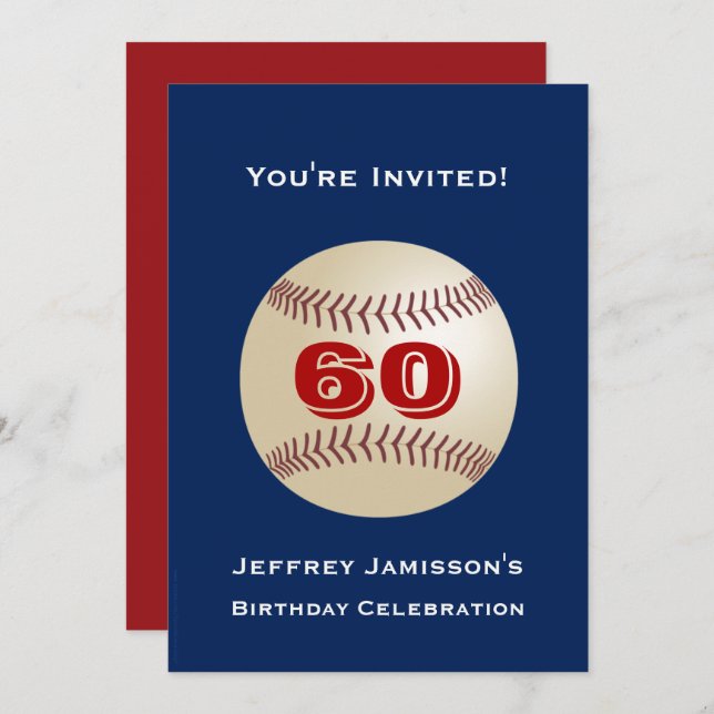 60th Birthday Party, Baseball, Blue and Red Invitation (Front/Back)
