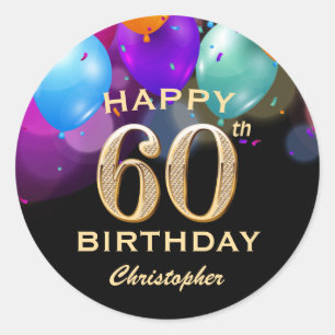 60th Birthday Party Black and Gold Balloons Classic Round Sticker
