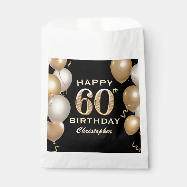 60th Birthday Party Black and Gold Balloons Favor Bag (Front)