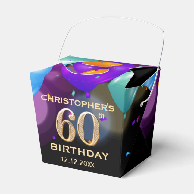 60th Birthday Party Black and Gold Balloons Favor Boxes (Front Side)