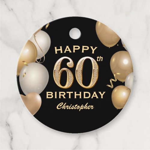 60th Birthday Party Black and Gold Balloons Favor Tags