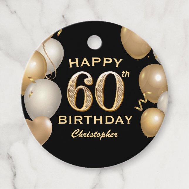 60th Birthday Party Black and Gold Balloons Favor Tags (Front)