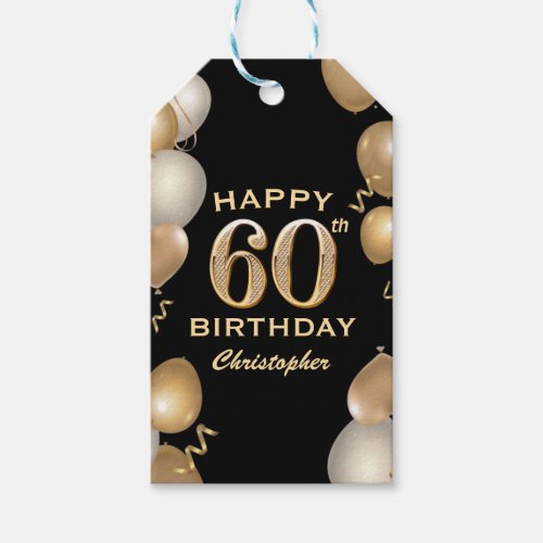 60th Birthday Party Black and Gold Balloons Gift Tags