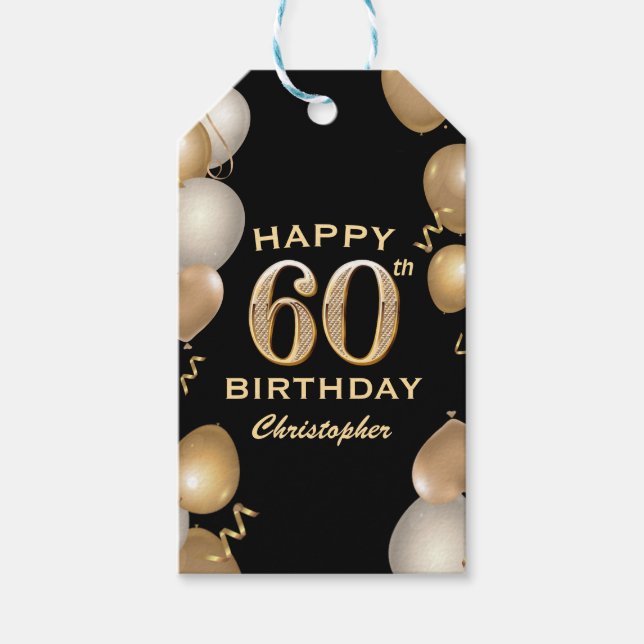 60th Birthday Party Black and Gold Balloons Gift Tags (Front)