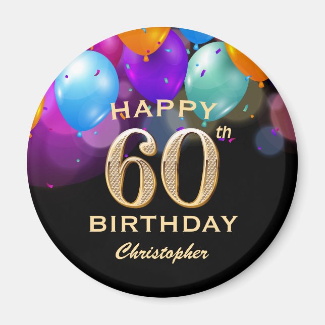 60th Birthday Party Black and Gold Balloons Magnet (Front)