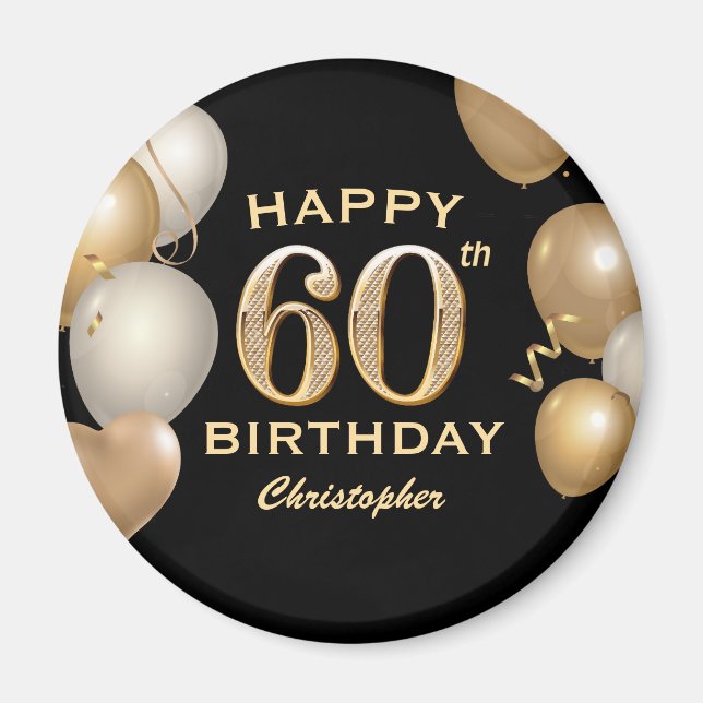 60th Birthday Party Black and Gold Balloons Magnet (Front)