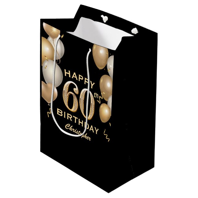 60th Birthday Party Black and Gold Balloons Medium Gift Bag (Front Angled)