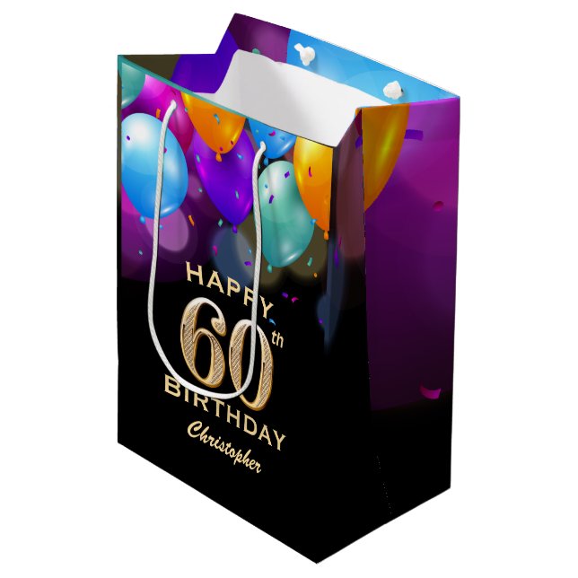 60th Birthday Party Black and Gold Balloons Medium Gift Bag (Front Angled)
