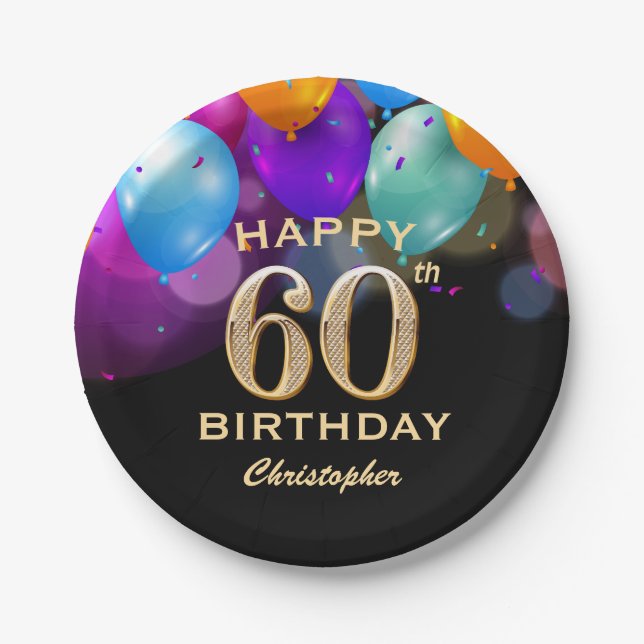 60th Birthday Party Black and Gold Balloons Paper Plates (Front)