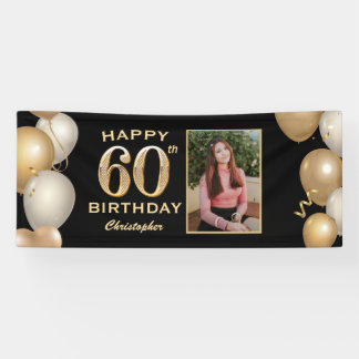 60th Birthday Party Black and Gold Balloons Photo Banner