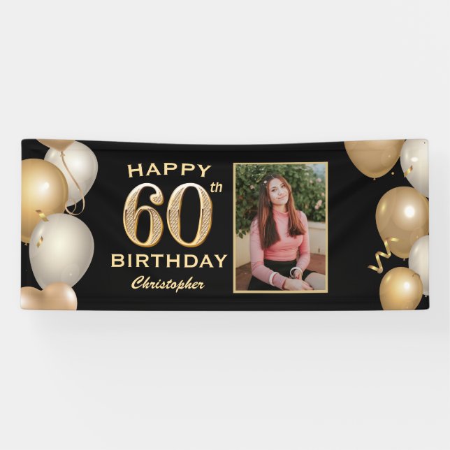 60th Birthday Party Black and Gold Balloons Photo Banner (Horizontal)