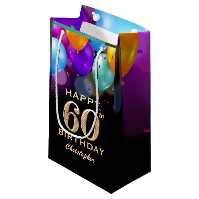 60th Birthday Party Black and Gold Balloons Small Gift Bag (Front Angled)