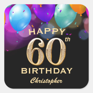 60th Birthday Party Black and Gold Balloons Square Sticker