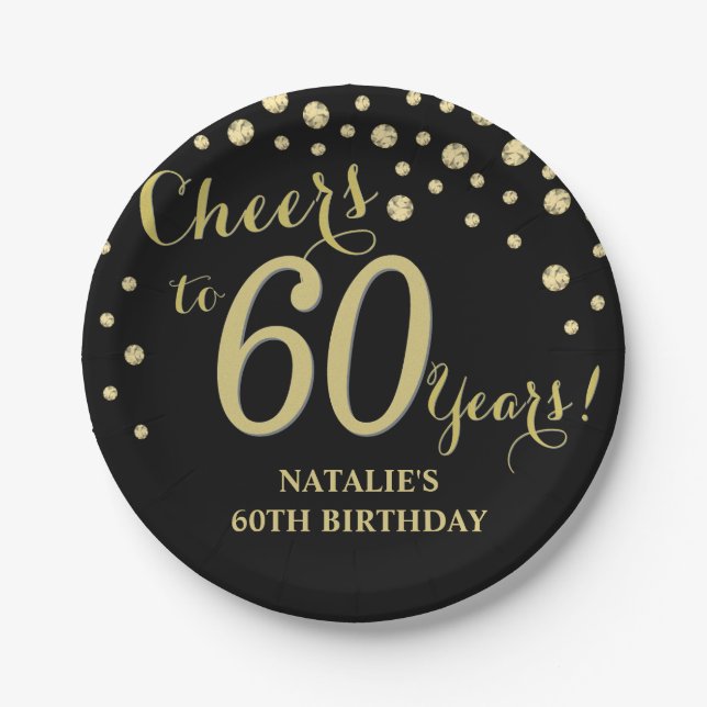 60th Birthday Party Black and Gold Diamond Paper Plates (Front)