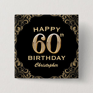 60th Birthday Party Black and Gold Glitter Frame Button