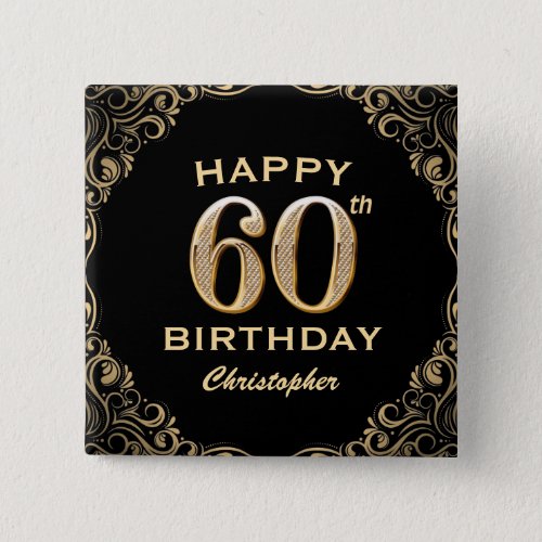 60th Birthday Party Black and Gold Glitter Frame Button