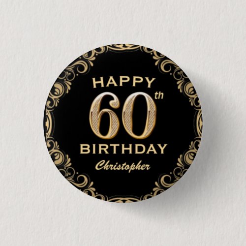 60th Birthday Party Black and Gold Glitter Frame Button