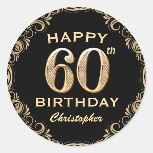 60th Birthday Party Black and Gold Glitter Frame Classic Round Sticker